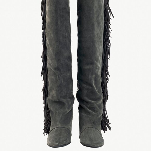 Isabel Marant Manly Anthracite Leather & Suede Fringe Knee-High Wedge Boots - Picture 2 of 9